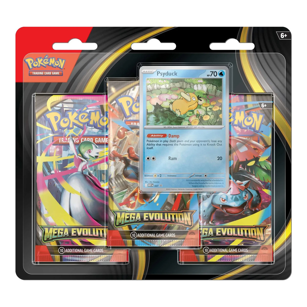Pokémon TCG Mega Evolution three-pack blister featuring Psyduck