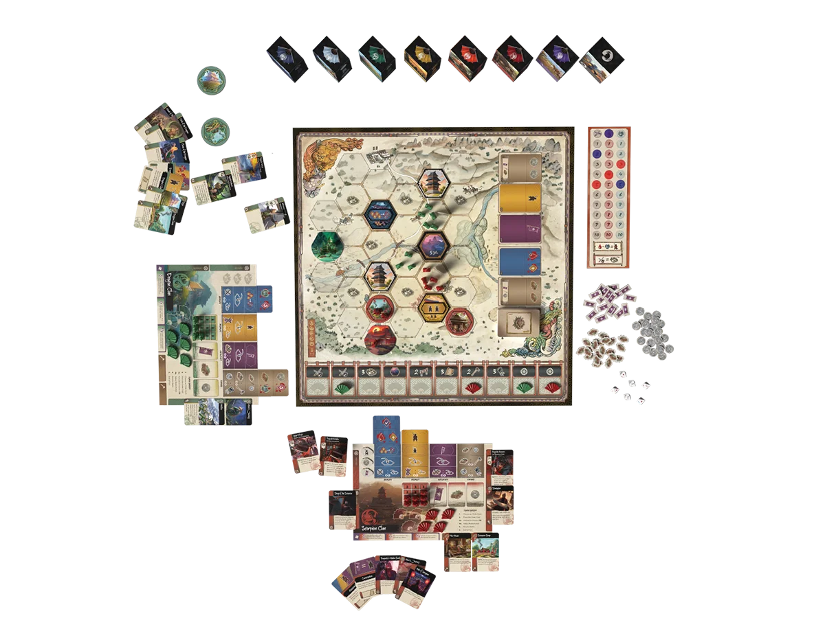 Full component spread for Gunsen The Battle for Toshi Ranbo, boards, standees, tiles, dice and tokens