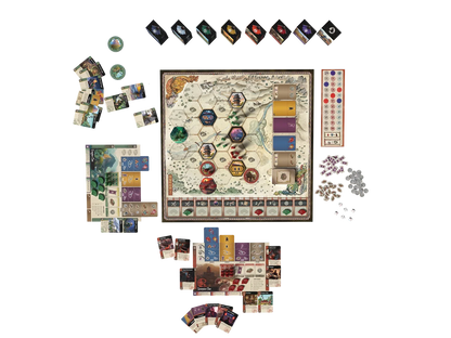 Full component spread for Gunsen The Battle for Toshi Ranbo, boards, standees, tiles, dice and tokens