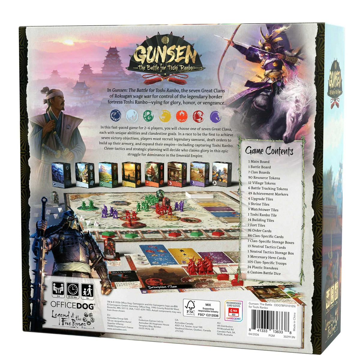 Gunsen The Battle for Toshi Ranbo board game components laid out, main board, standees and tokens