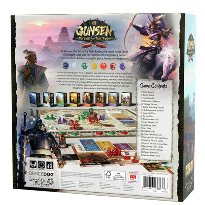 Gunsen The Battle for Toshi Ranbo board game components laid out, main board, standees and tokens