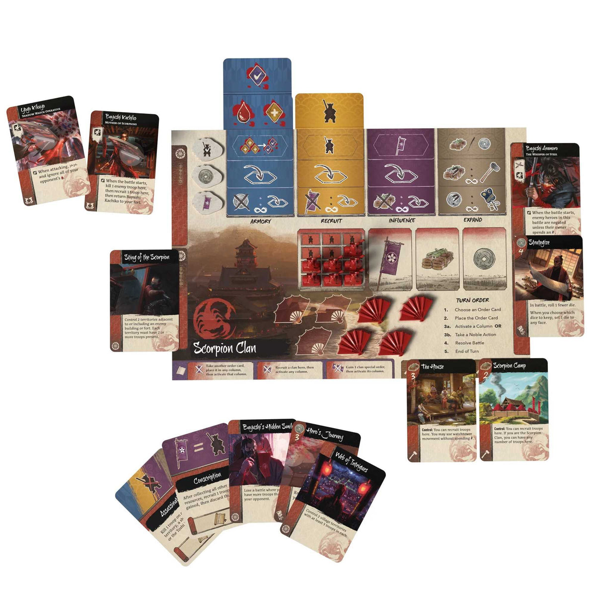 Gunsen The Battle for Toshi Ranbo clan hero standees, battle dice and resource tokens