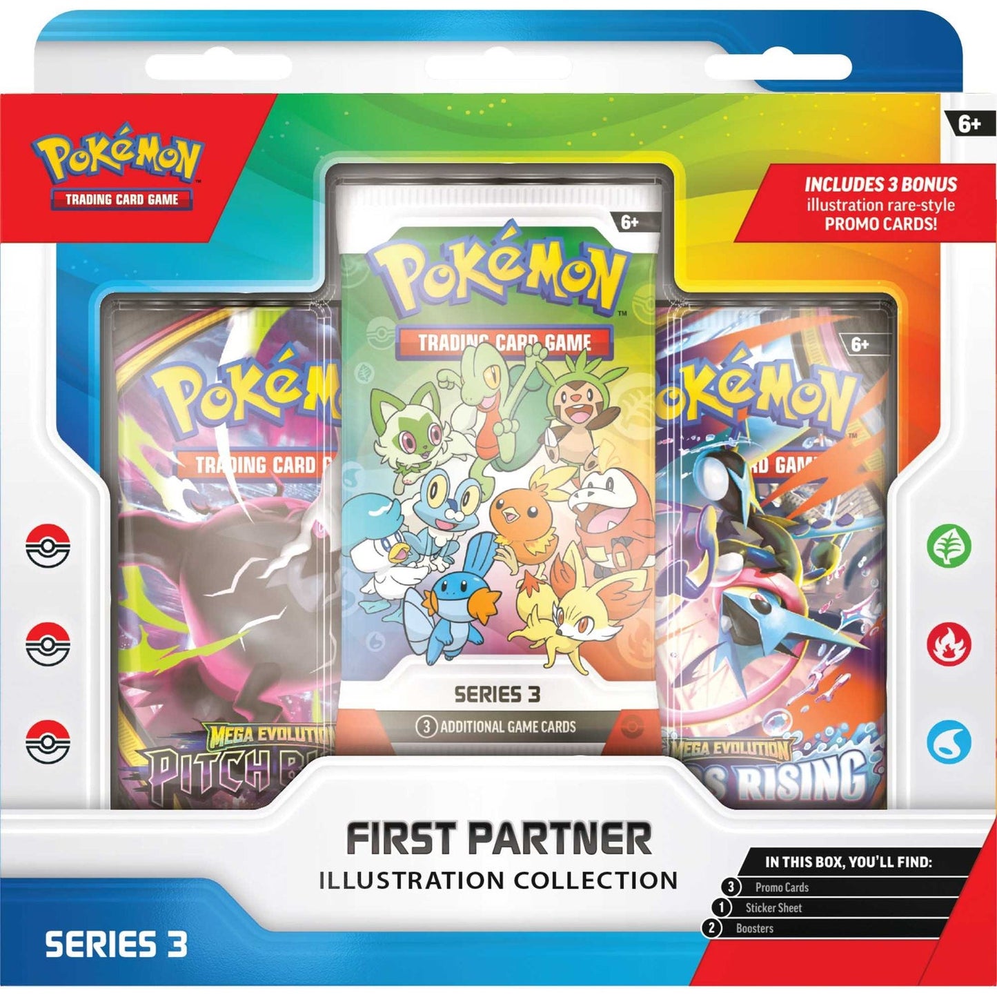 Pokémon TCG First Partner Illustration Collection Series 3 box front with Pitch Black and Chaos Rising booster packs