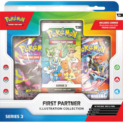 Pokémon TCG First Partner Illustration Collection Series 3 box front with Pitch Black and Chaos Rising booster packs