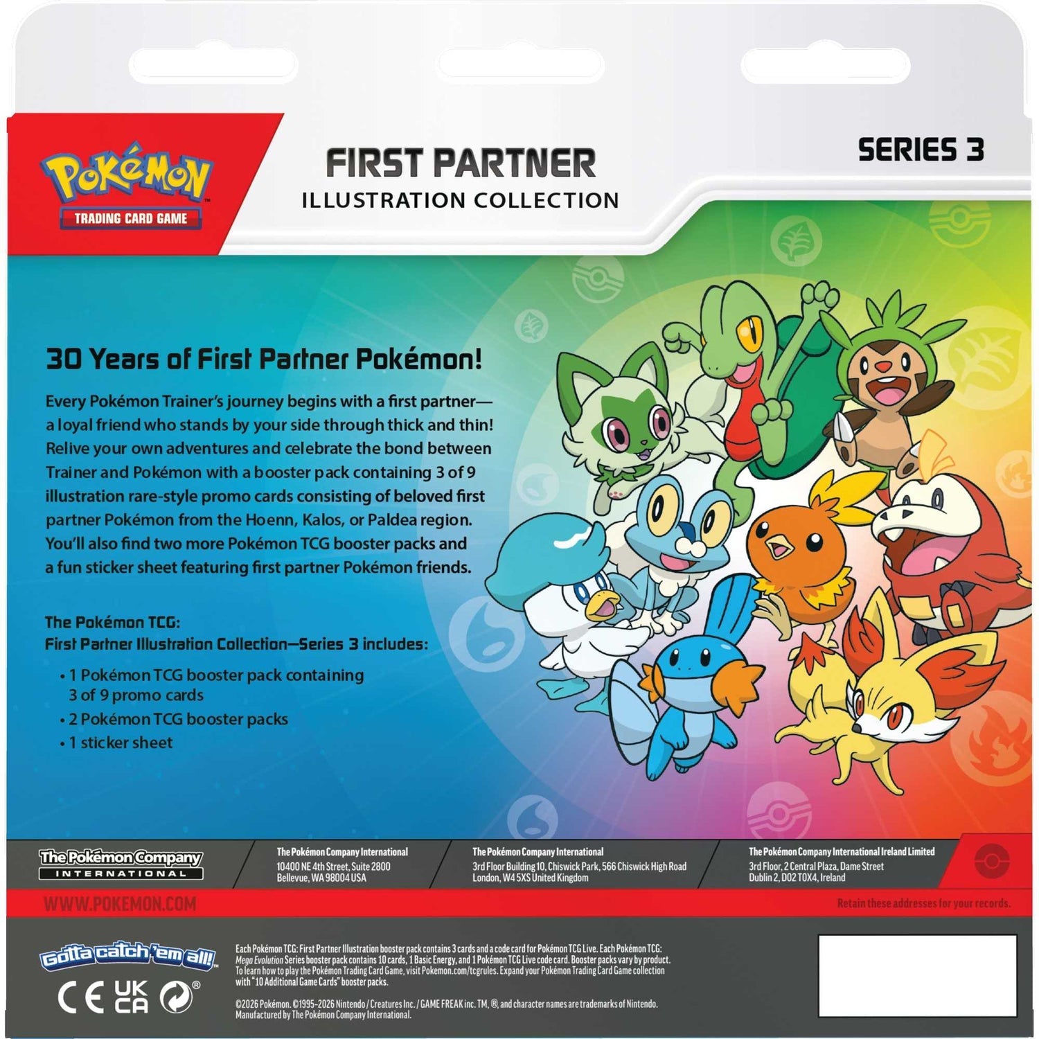 Pokémon TCG First Partner Illustration Collection Series 3 box back showing contents and Hoenn Kalos Paldea starters