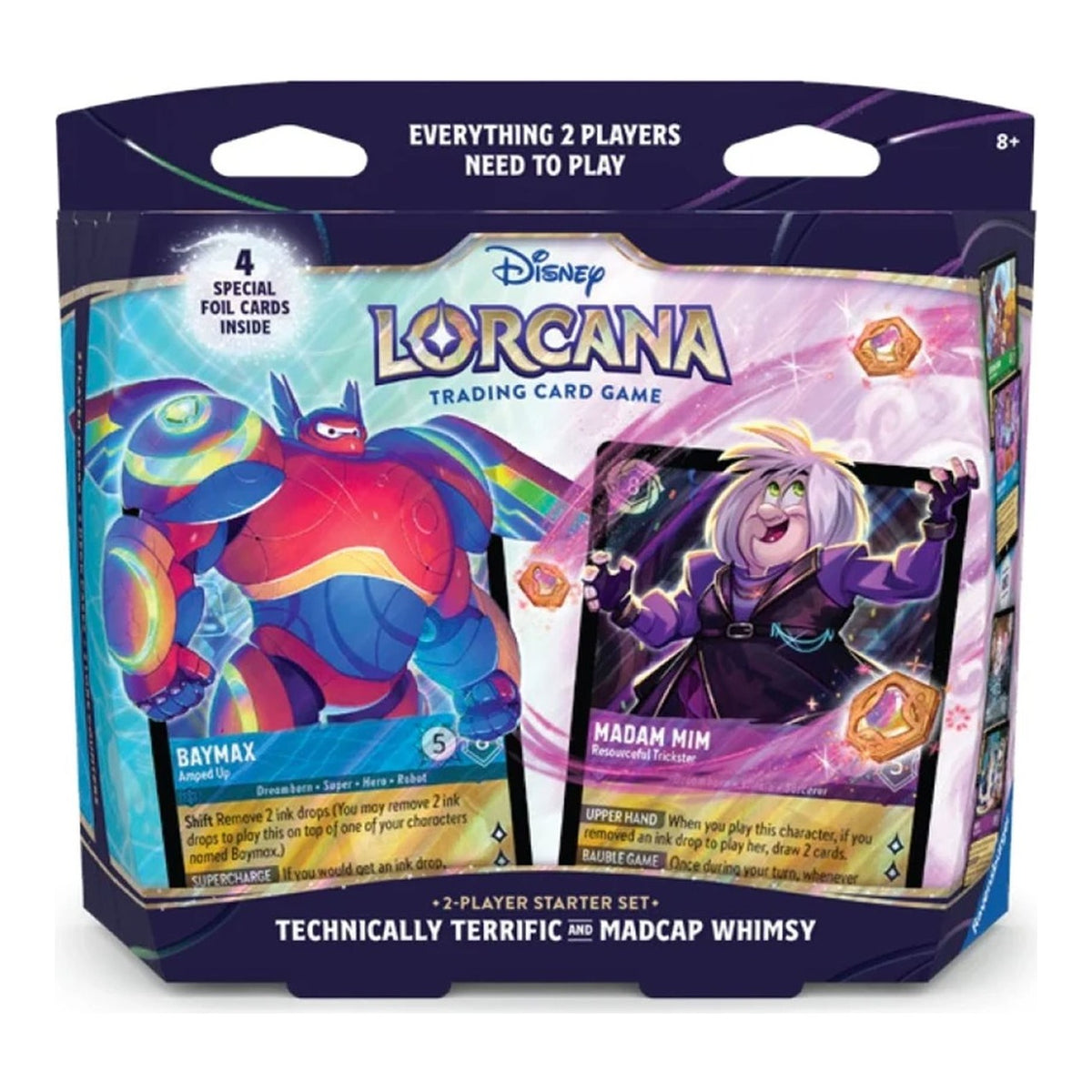 Disney Lorcana Hyperia City 2-Player Starter Set box front showing Baymax and Madam Mim – Technically Terrific and Madcap Whimsy decks