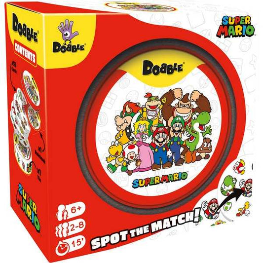 Dobble Super Mario symbol-matching card game tin featuring Mario and Luigi