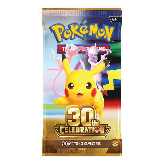 Sealed Pokémon TCG 30th Celebration booster pack, English, 5 foil cards plus foil Basic Energy and TCG Live code card
