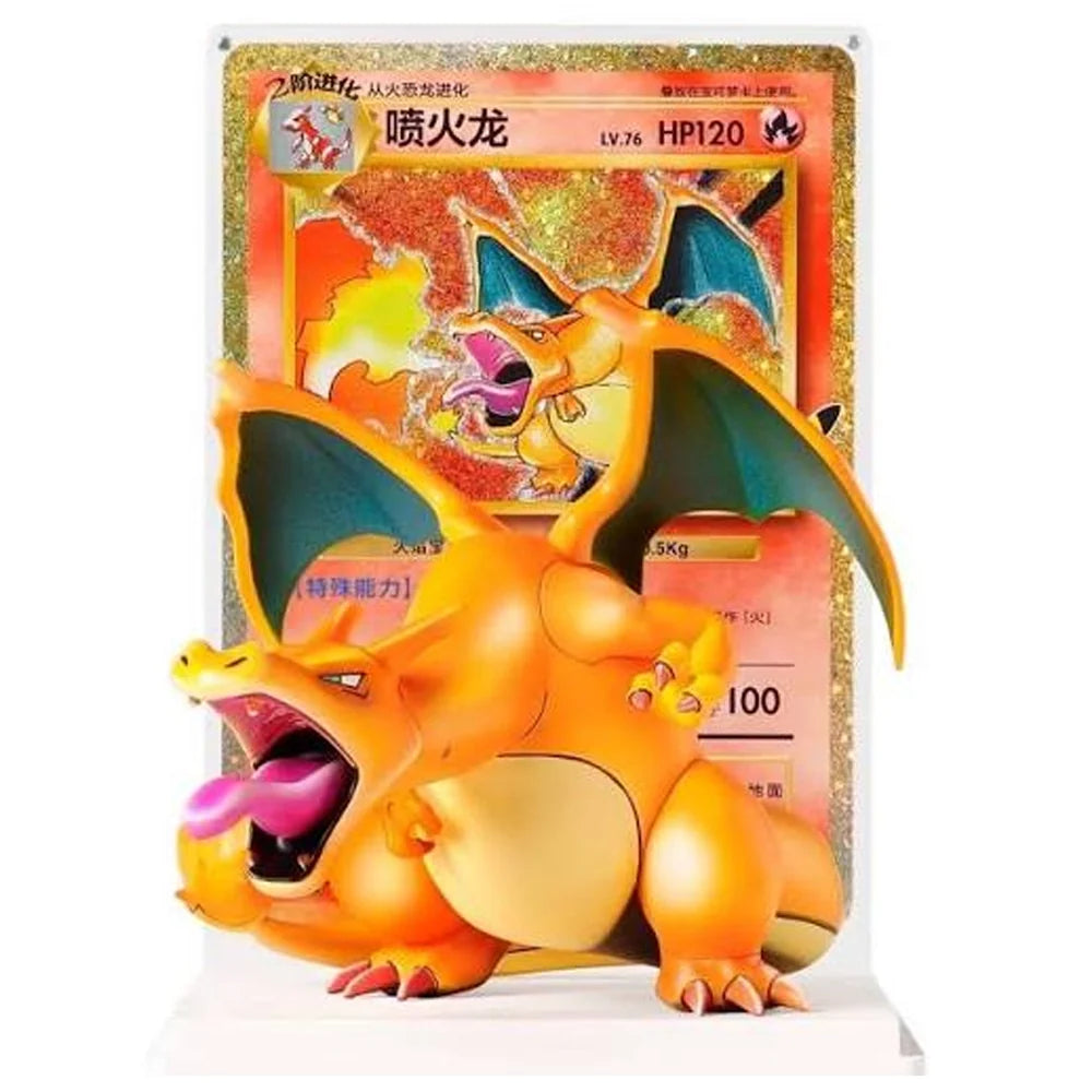 Contents of the Pokémon 30th Celebration Charizard gift box — figure, oversized holo card and 15 sealed booster packs