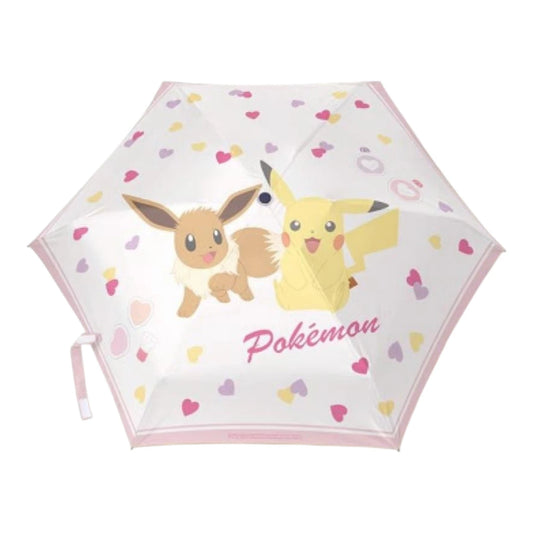 Pokémon Pikachu and Eevee Heart Umbrella, pink foldable umbrella opened to show the print