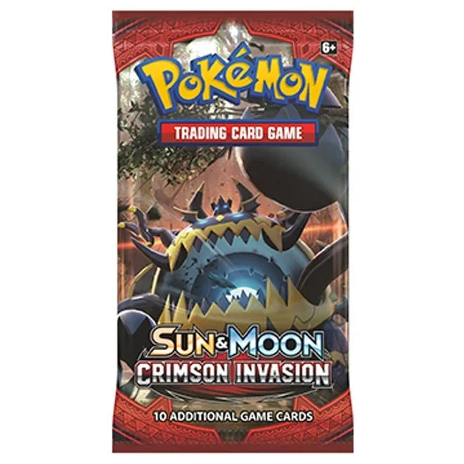 Sealed English Pokémon TCG Sun & Moon Crimson Invasion booster pack, front