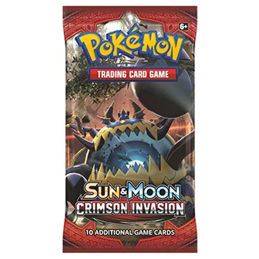 Sealed English Pokémon TCG Sun & Moon Crimson Invasion booster pack, front