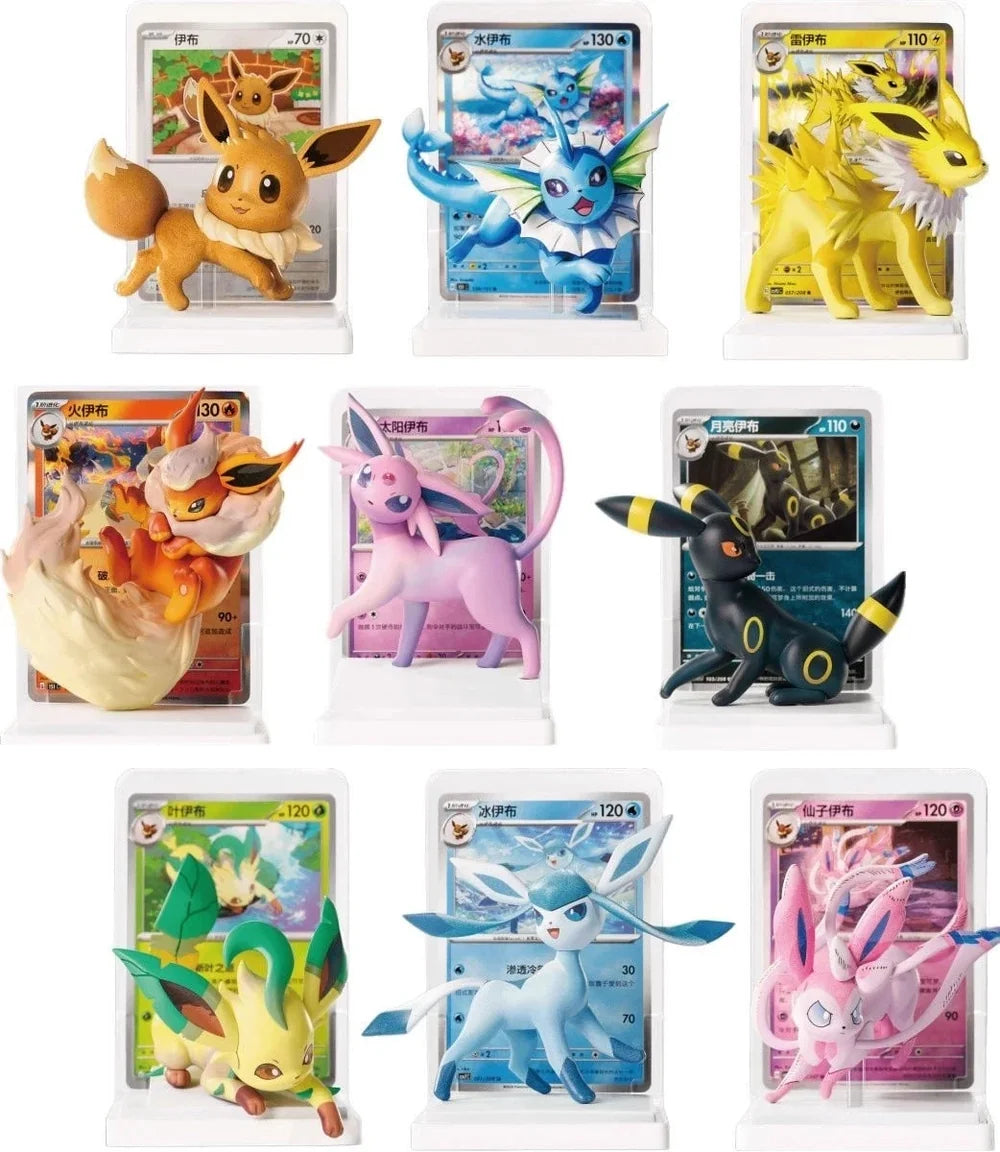 Pokémon Dream Painting Eeveelution figures beside their matching illustration cards