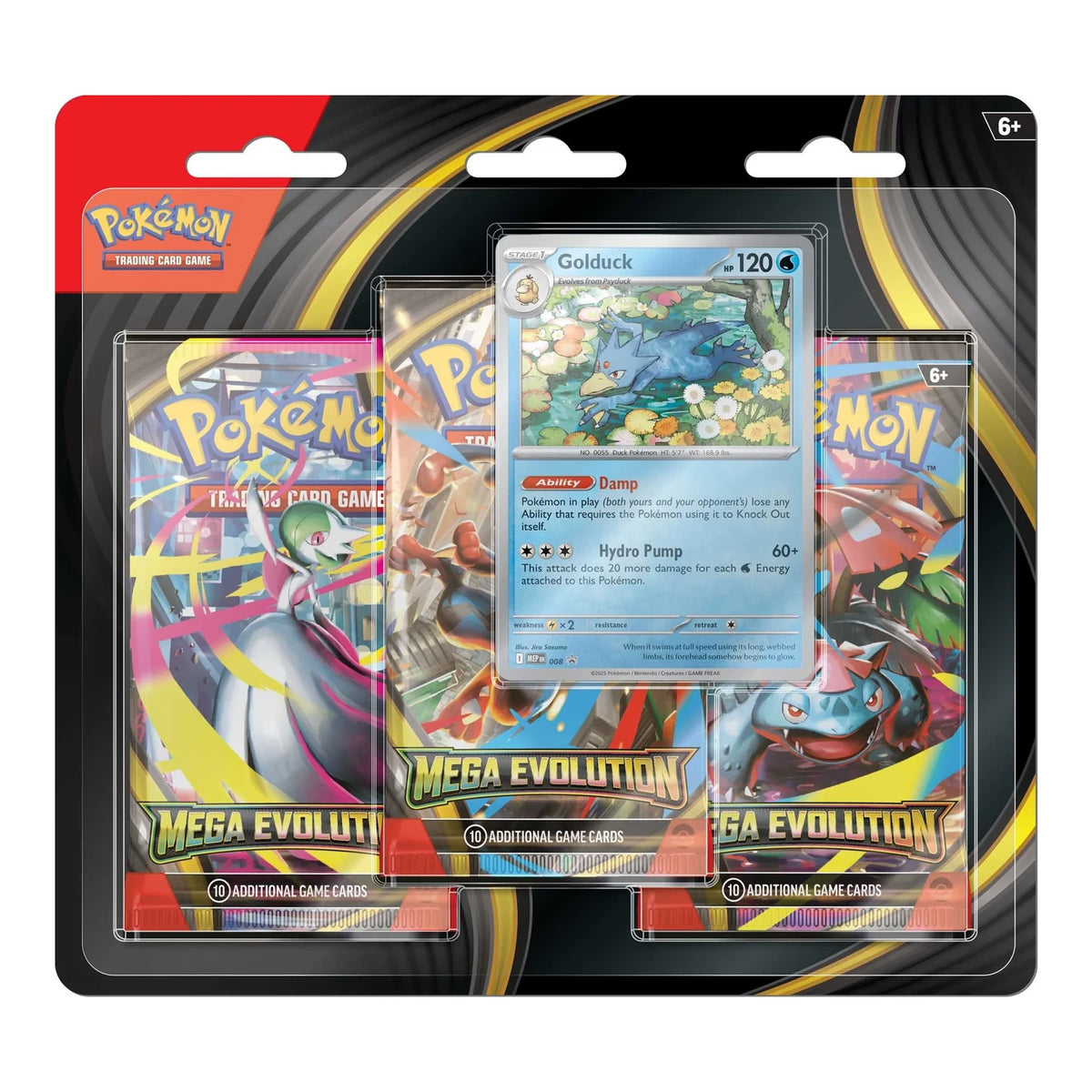 Pokémon TCG Mega Evolution three-pack blister featuring Golduck