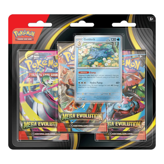 Pokémon TCG Mega Evolution three-pack blister featuring Golduck
