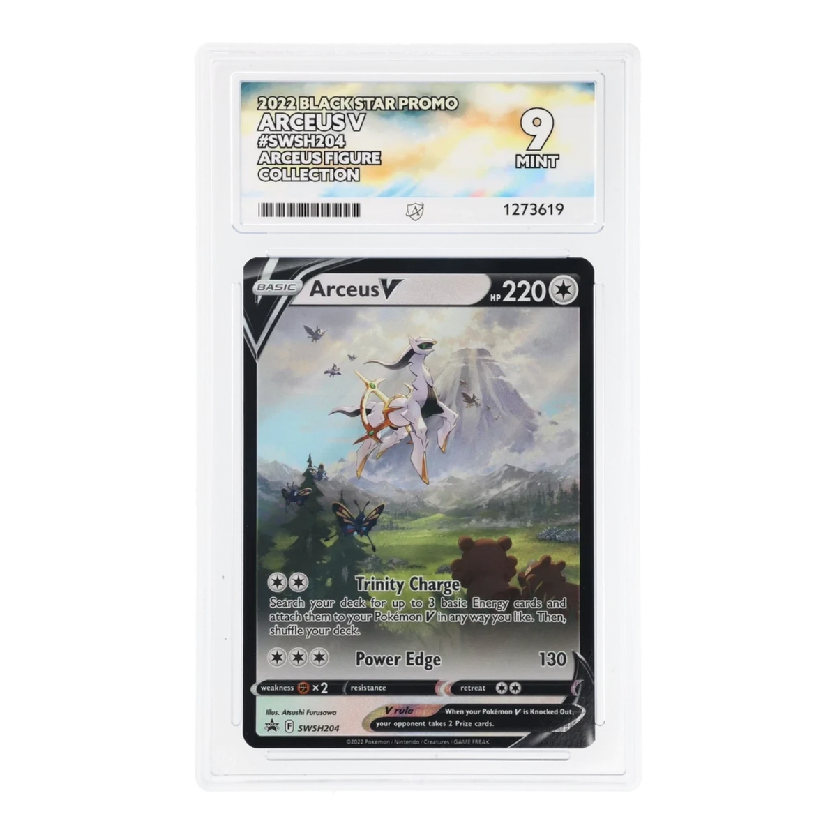 RichRevived Arceus V SWSH204 Black Star Promo card in an ACE 9 Mint graded slab featuring detailed landscape artwork