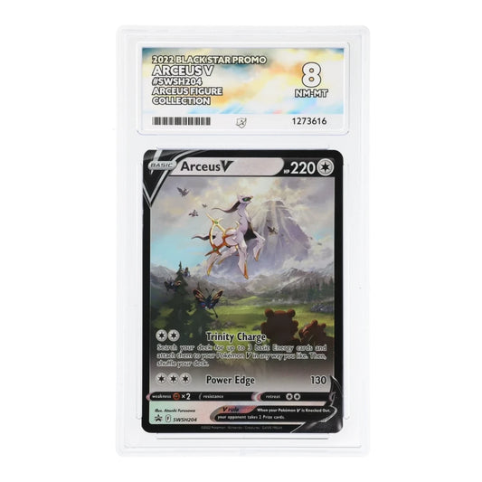 RichRevived graded Arceus V SWSH204 Black Star Promo Pokemon card in an ACE 8 NM-MT protective slab