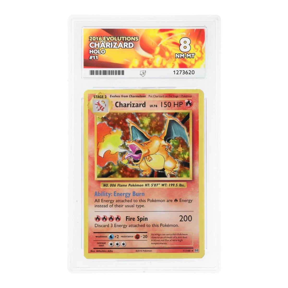 RichRevived Charizard 11/108 Holo 2016 Evolutions Pokemon card graded ACE 8 NM-MT in a protective plastic slab
