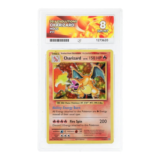 RichRevived Charizard 11/108 Holo 2016 Evolutions Pokemon card graded ACE 8 NM-MT in a protective plastic slab