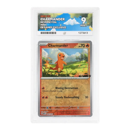RichRevived graded ACE 9 Mint Charmander 004/165 reverse foil Pokémon card with EB Games exclusive stamp in slab