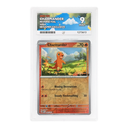 RichRevived graded ACE 9 Mint Charmander 004/165 reverse foil Pokémon card with EB Games exclusive stamp in slab