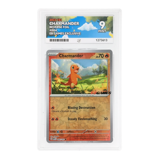 RichRevived graded ACE 9 Mint Charmander 004/165 reverse foil Pokémon card with EB Games exclusive stamp in slab