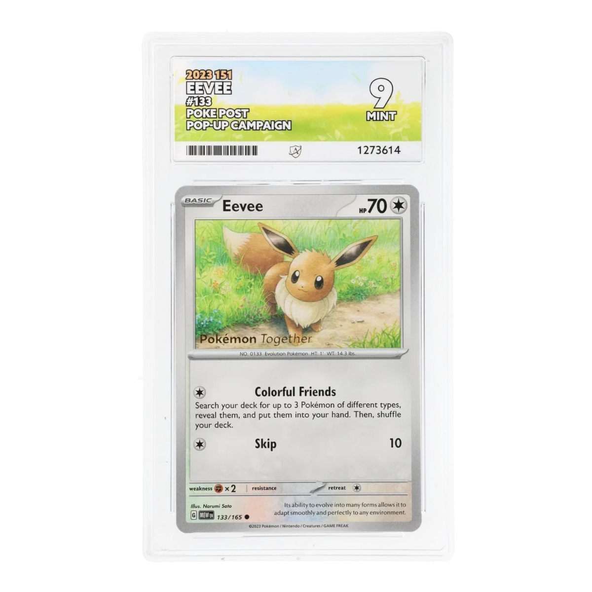 RichRevived Eevee 133/165 Pokemon card from 2023 151 set, graded ACE 9 Mint in a protective plastic slab.