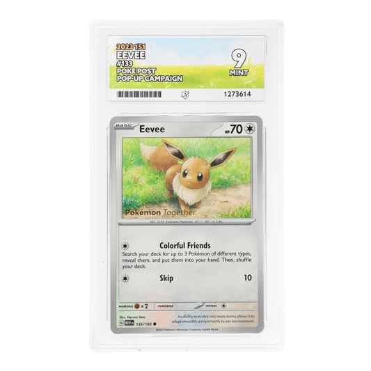 RichRevived Eevee 133/165 Pokemon card from 2023 151 set, graded ACE 9 Mint in a protective plastic slab.