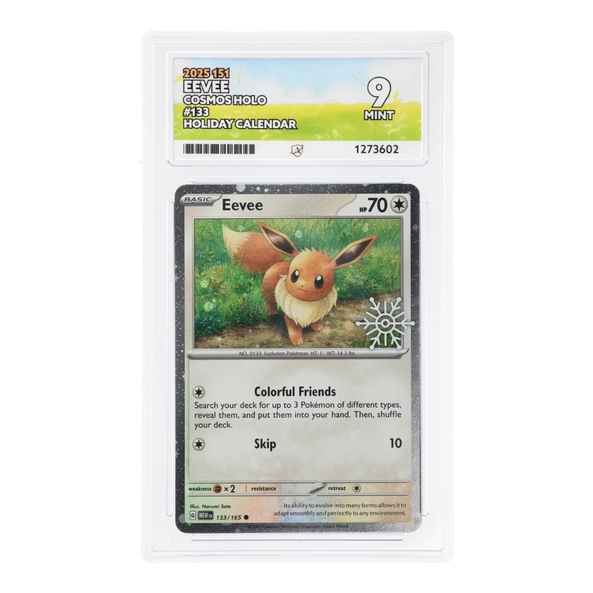 RichRevived Eevee 133/165 Cosmos Holo Pokemon card from 151 set, graded ACE 9 Mint in a protective display slab.