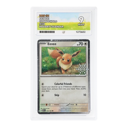 RichRevived Eevee 133/165 Cosmos Holo Pokemon card from 151 set, graded ACE 9 Mint in a protective display slab.