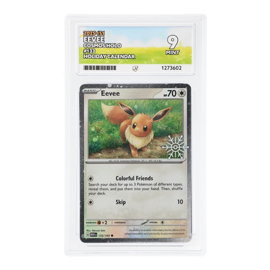 RichRevived Eevee 133/165 Cosmos Holo Pokemon card from 151 set, graded ACE 9 Mint in a protective display slab.