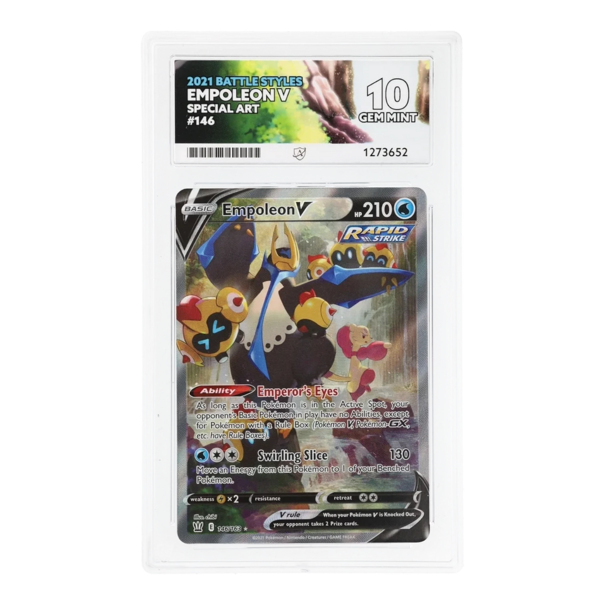 RichRevived Empoleon V 146/163 Special Art Battle Styles Pokémon card in an ACE 10 Gem Mint graded protective slab