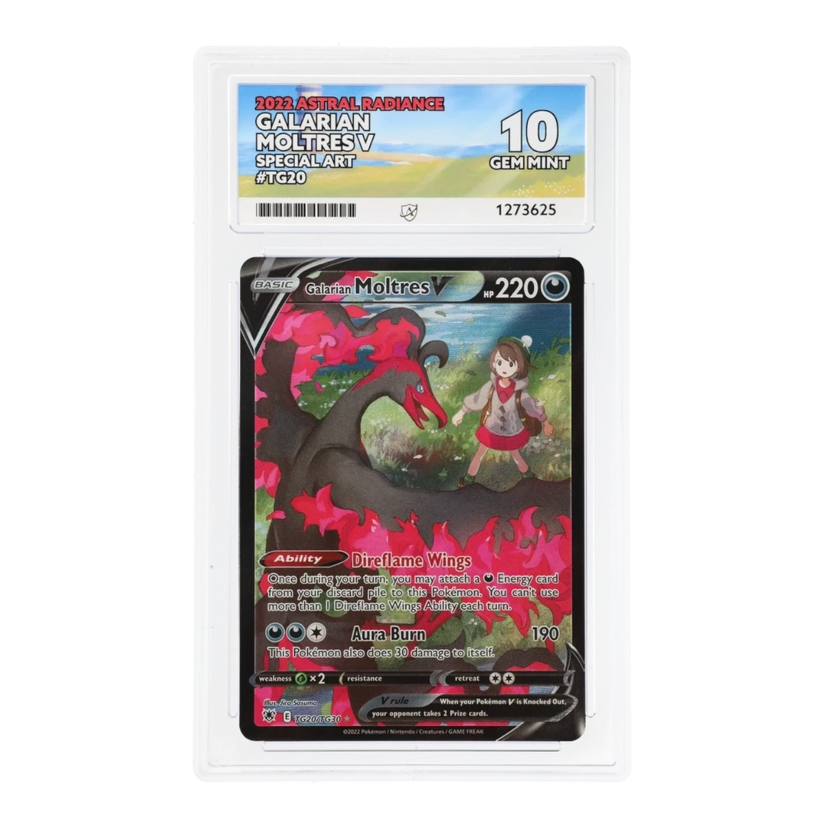 RichRevived Galarian Moltres V TG20 special art Pokemon card in an ACE 10 Gem Mint graded protective slab