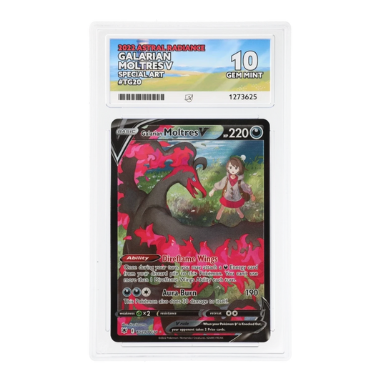 RichRevived Galarian Moltres V TG20 special art Pokemon card in an ACE 10 Gem Mint graded protective slab