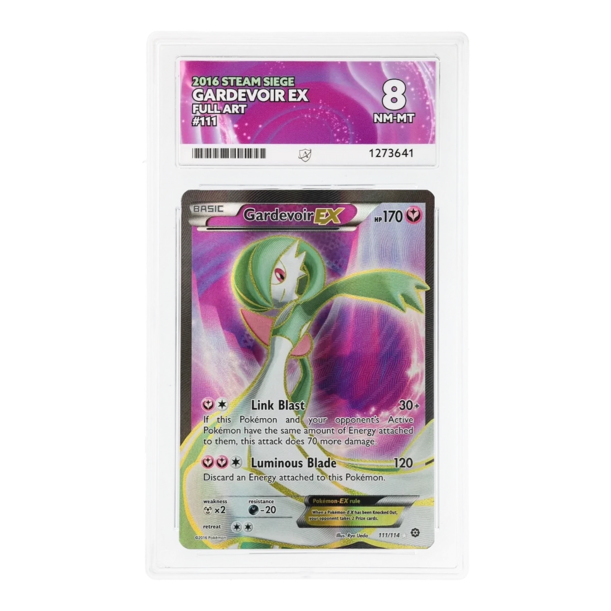RichRevived graded Gardevoir EX 111/114 Full Art card from 2016 Steam Siege in an ACE 8 NM-MT protective slab