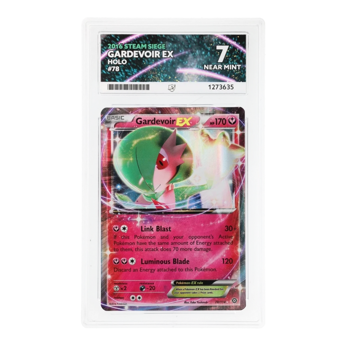 RichRevived graded Gardevoir EX 78/114 holo card from 2016 Steam Siege set in an ACE 7 Near Mint slab