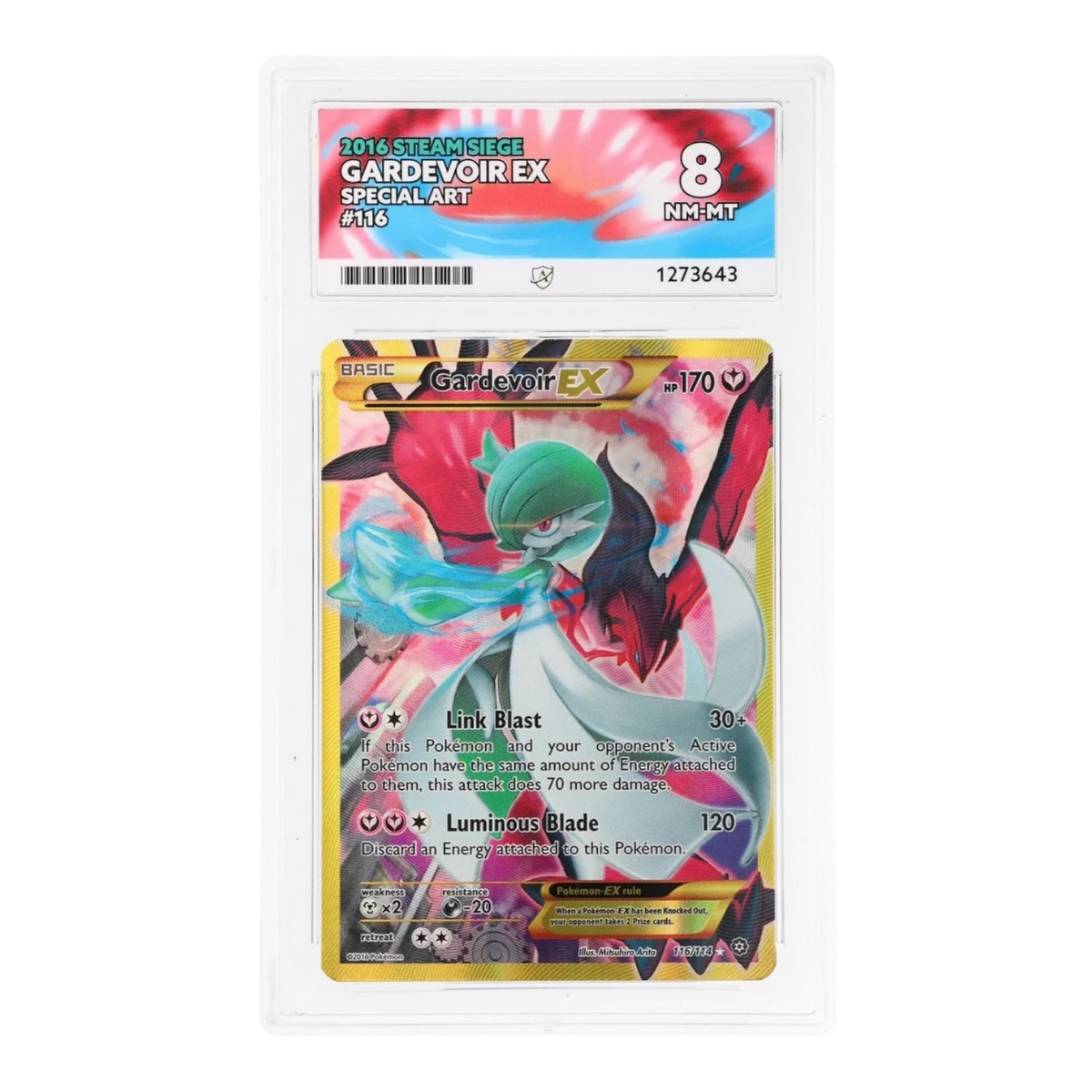 RichRevived graded Gardevoir EX 116/114 Secret Rare from XY Steam Siege in an ACE 8 NM-MT protective slab