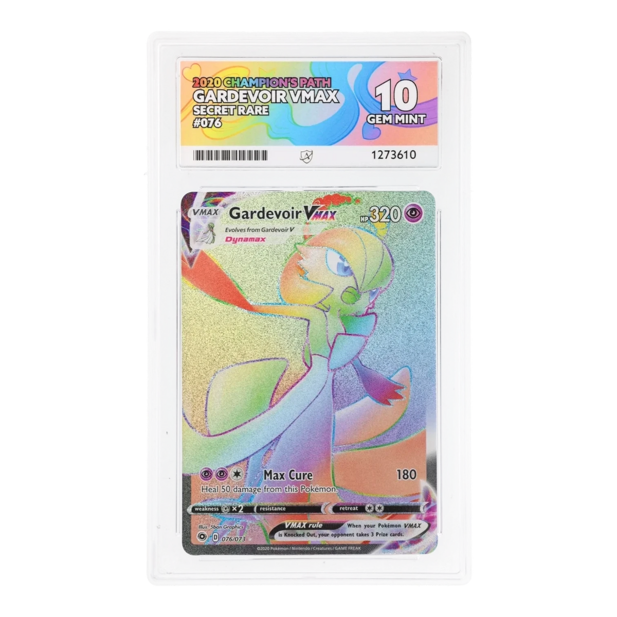 RichRevived Gardevoir VMAX 076/073 Secret Rare Pokémon card from Champion's Path, graded ACE 10 Gem Mint in a slab.