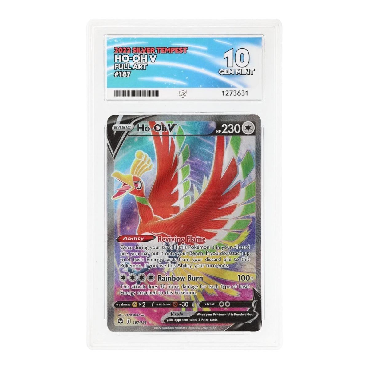 RichRevived Ho-Oh V 187/195 Full Art Silver Tempest Pokemon card in an ACE 10 Gem Mint graded slab
