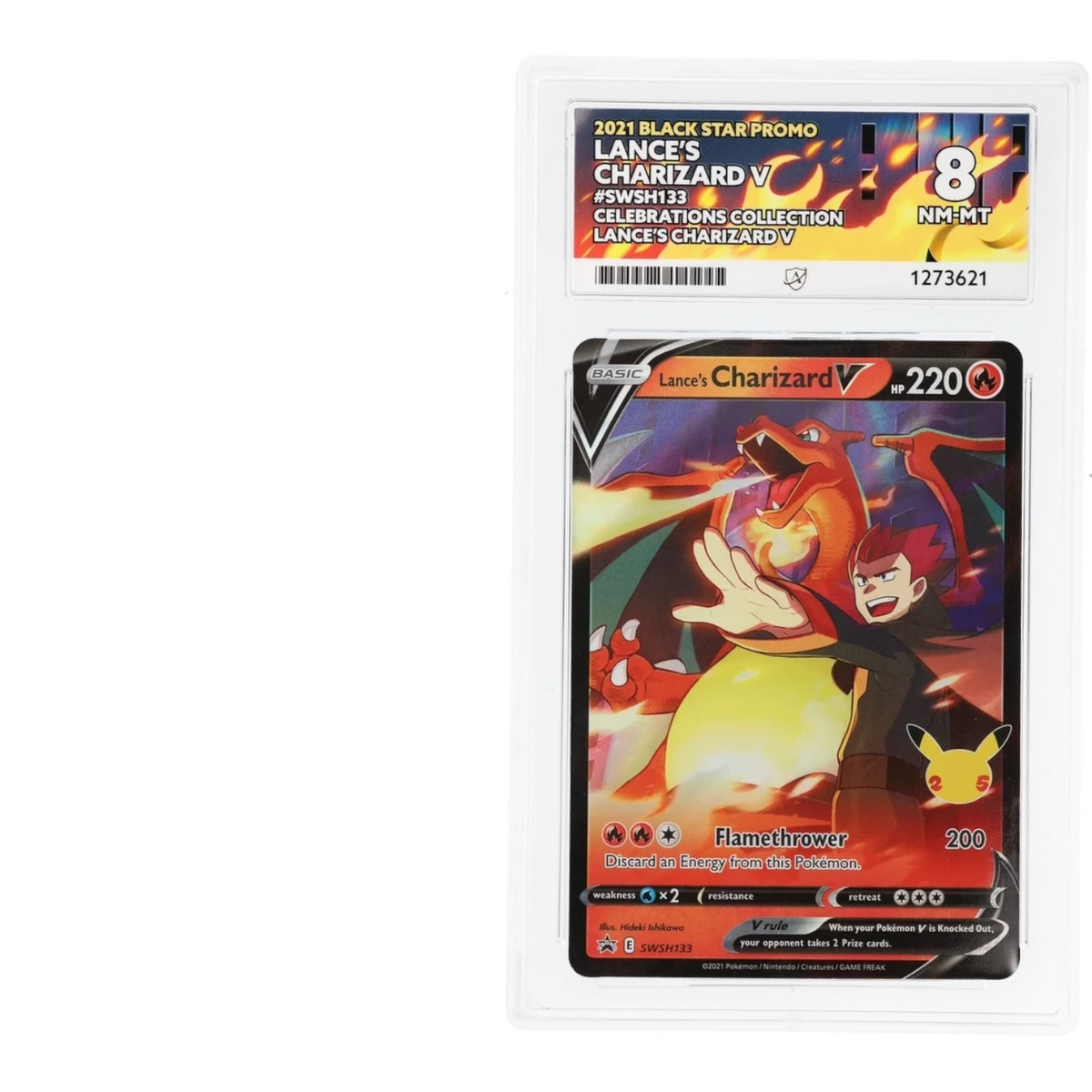 RichRevived graded Lance's Charizard V SWSH133 Black Star Promo Pokemon card in an ACE 8 NM-MT protective slab