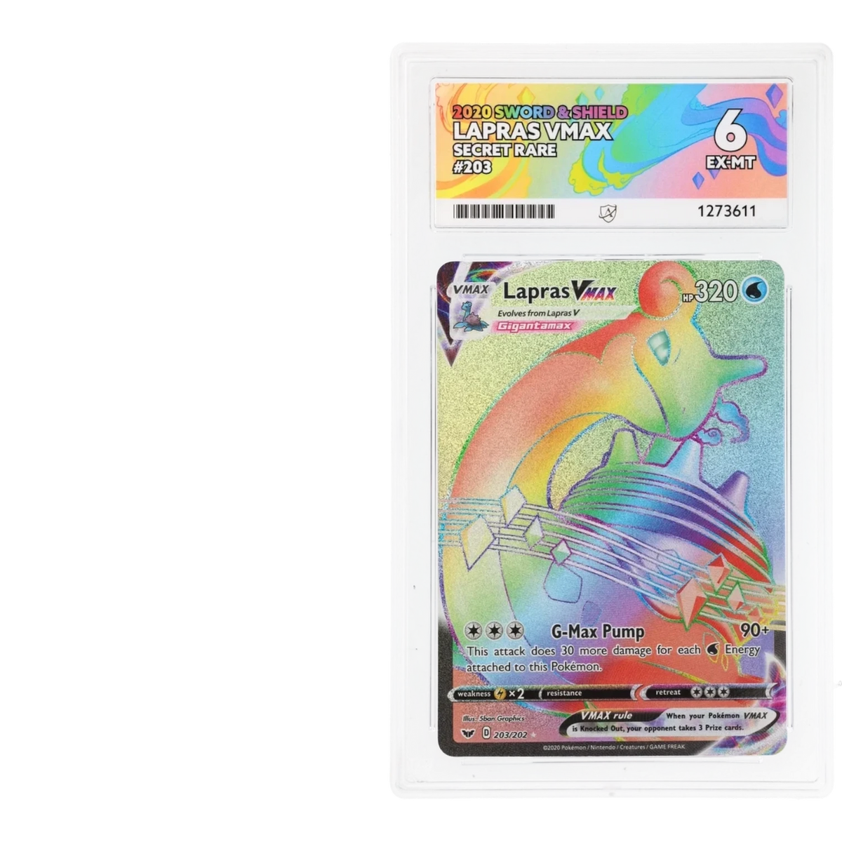 RichRevived graded Lapras VMAX 203/202 Secret Rare Pokemon card from Sword & Shield in an ACE 6 slab