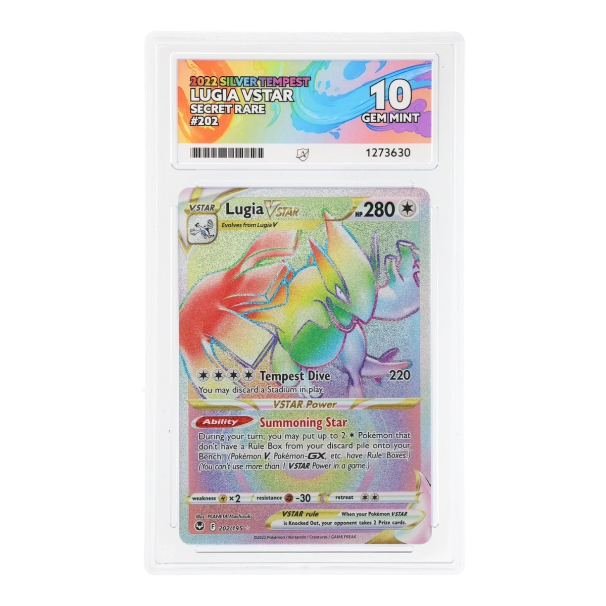 RichRevived graded Lugia VSTAR 202/195 Secret Rare card from Silver Tempest in an ACE 10 Gem Mint slab