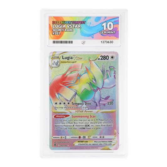 RichRevived graded Lugia VSTAR 202/195 Secret Rare card from Silver Tempest in an ACE 10 Gem Mint slab