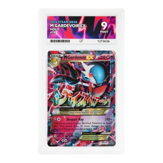 RichRevived M Gardevoir EX 79/114 holo trading card from 2016 Steam Siege set, graded ACE 9 Mint in a protective slab.