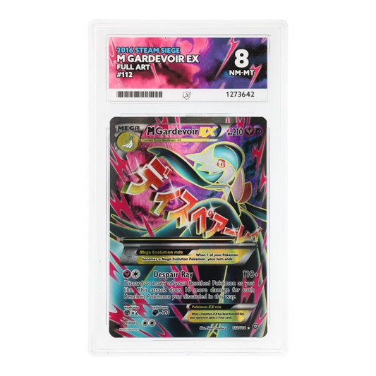 RichRevived M Gardevoir EX 112/114 Full Art Pokemon card from Steam Siege, graded ACE 8 NM-MT in a protective slab.