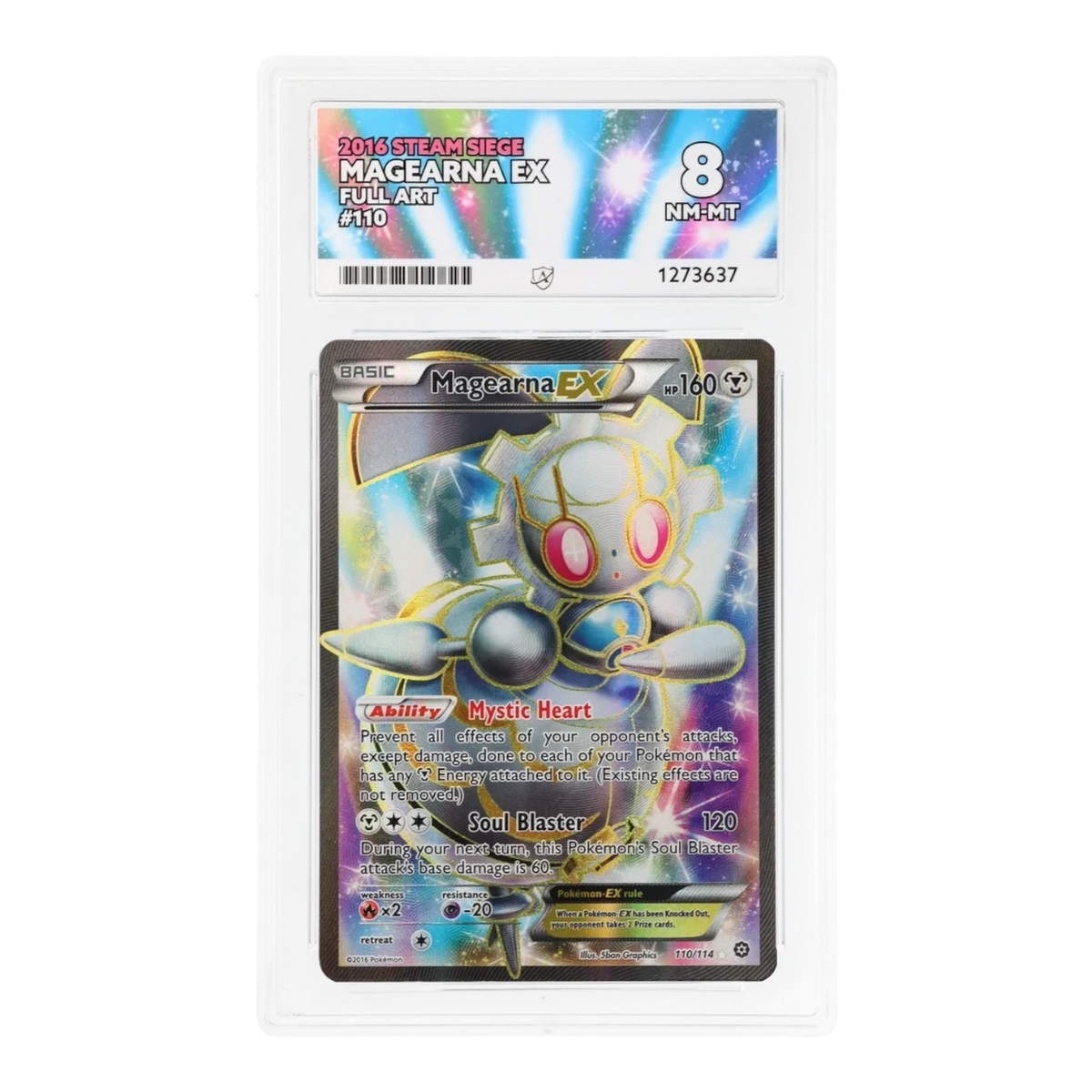 RichRevived graded Magearna EX 110/114 Full Art Pokemon card from Steam Siege set in ACE 8 NM-MT slab