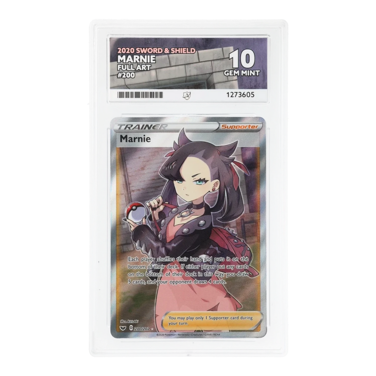 RichRevived graded Marnie 200/202 full art trainer card from 2020 Sword & Shield in an ACE 10 Gem Mint slab