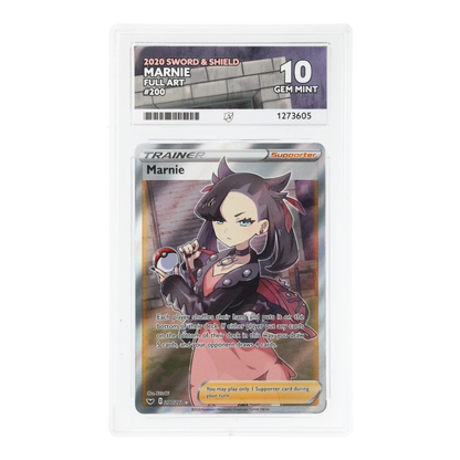 RichRevived graded Marnie 200/202 full art trainer card from 2020 Sword & Shield in an ACE 10 Gem Mint slab