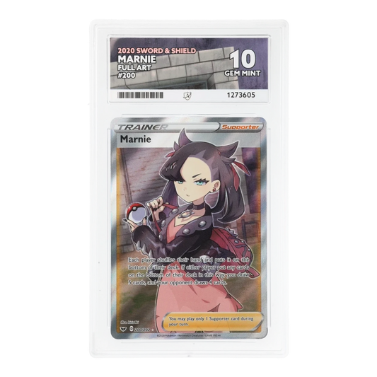 RichRevived graded Marnie 200/202 full art trainer card from 2020 Sword & Shield in an ACE 10 Gem Mint slab
