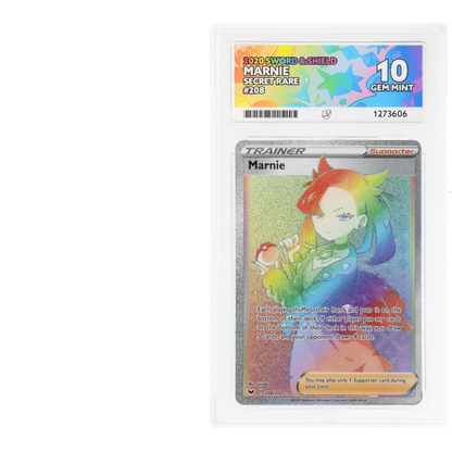 RichRevived graded Marnie 208/202 Secret Rare Pokemon card from Sword & Shield in an ACE 10 Gem Mint slab